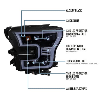 2015-2017 Ford F150 Full LED Beam Quad Projector Headlights Assembly Pair | Black Smoke