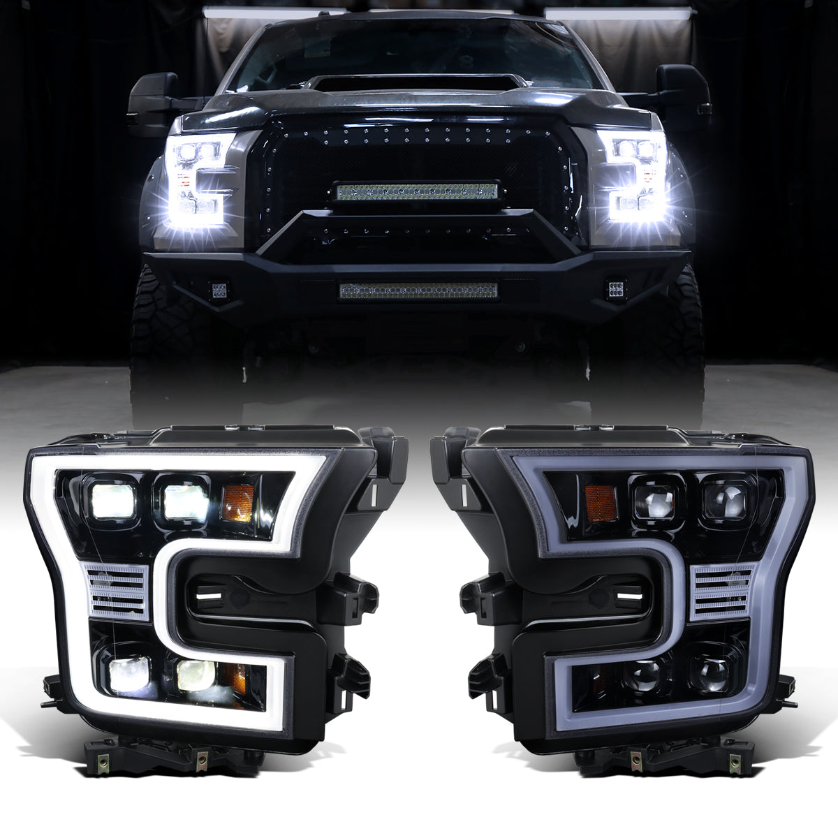 2015-2017 Ford F150 Full LED Beam Quad Projector Headlights Assembly Pair | Black Smoke