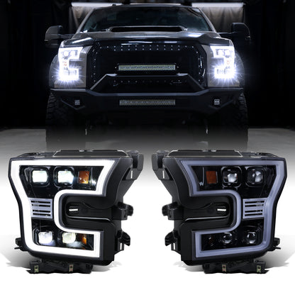 2015-2017 Ford F150 Full LED Beam Quad Projector Headlights Assembly Pair | Black Smoke