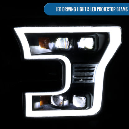 2015-2017 Ford F150 Full LED Beam Quad Projector Headlights Assembly Pair | Black