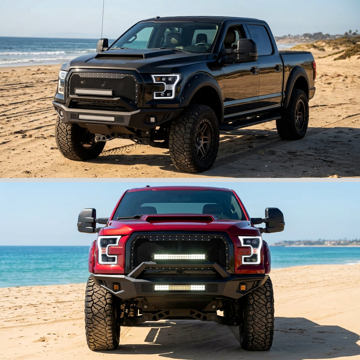 2015-2017 Ford F150 Full LED Beam Quad Projector Headlights Assembly Pair | Black