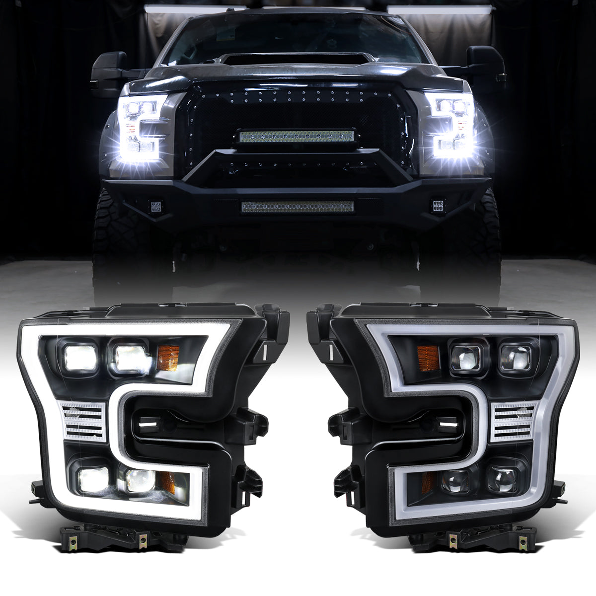 2015-2017 Ford F150 Full LED Beam Quad Projector Headlights Assembly Pair | Black