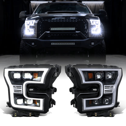 2015-2017 Ford F150 Full LED Beam Quad Projector Headlights Assembly Pair | Black