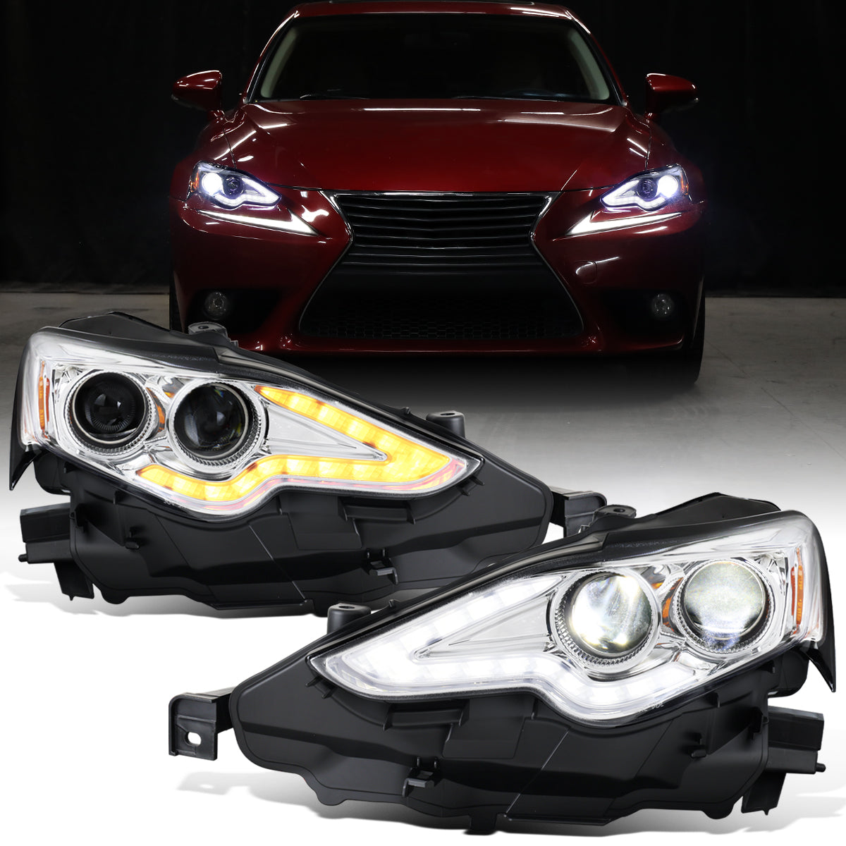 Ronnin - Fits 2014-2016 Lexus IS250 IS350 Upgraded Replacement Full LED Dual Projector Headlights Switchback Turn Signals Assembly Pair | Chrome