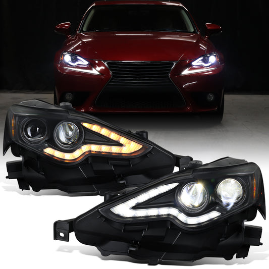 2014-2016 Lexus IS250 IS350 Upgraded Replacement Full LED Dual Projector Headlights Switchback Turn Signals Assembly Pair | Black