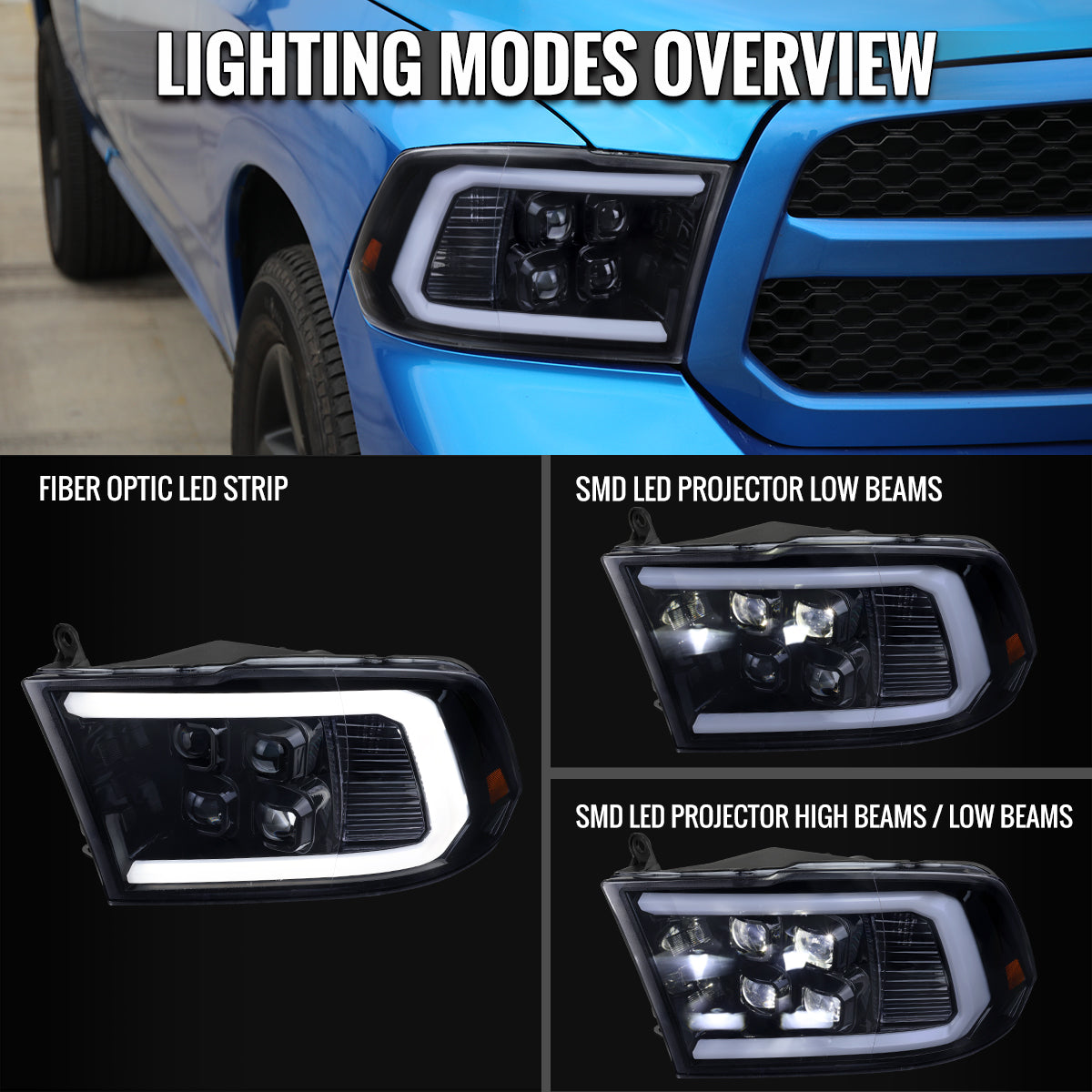 Ronnin - Compatible con Ram 1500 Classic 2019-2024, Ram 1500 2500 3500 2009-2018 | Faros delanteros con proyector cuádruple de haz LED brillante de repuesto, par | Ahumado negro