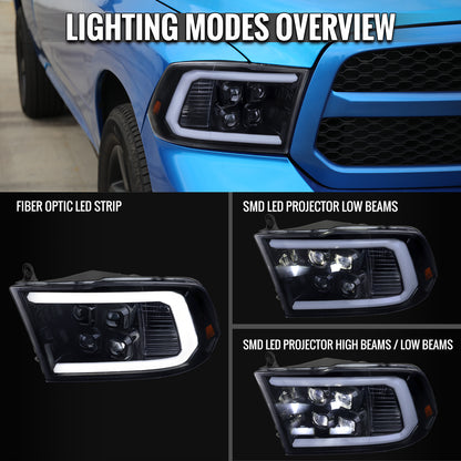 Ronnin - Compatible con Ram 1500 Classic 2019-2024, Ram 1500 2500 3500 2009-2018 | Faros delanteros con proyector cuádruple de haz LED brillante de repuesto, par | Ahumado negro