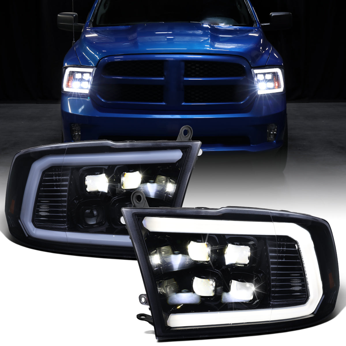 Ronnin - Compatible con Ram 1500 Classic 2019-2024, Ram 1500 2500 3500 2009-2018 | Faros delanteros con proyector cuádruple de haz LED brillante de repuesto, par | Ahumado negro