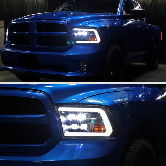 Ronnin - Fits 2009-2018 Ram 1500 2500 3500 2019-2024 Ram 1500 Classic Bright LED Beam Quad Projector Headlights Replacement Assembly Pair | Black