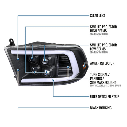 Ronnin - Fits 2009-2018 Ram 1500 2500 3500 2019-2024 Ram 1500 Classic Bright LED Beam Quad Projector Headlights Replacement Assembly Pair | Black