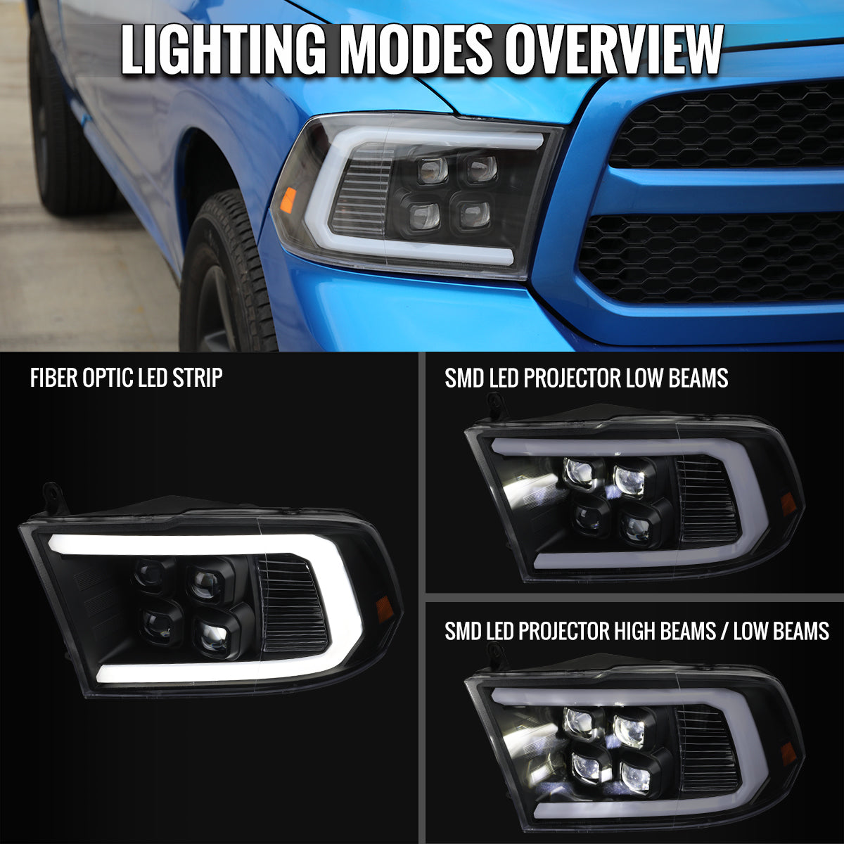 Ronnin - Fits 2009-2018 Ram 1500 2500 3500 2019-2024 Ram 1500 Classic Bright LED Beam Quad Projector Headlights Replacement Assembly Pair | Black