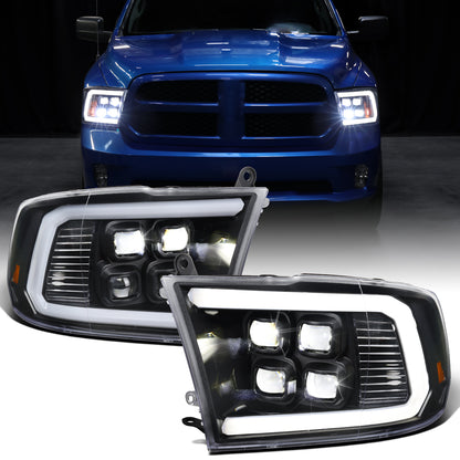 Ronnin - Fits 2009-2018 Ram 1500 2500 3500 2019-2024 Ram 1500 Classic Bright LED Beam Quad Projector Headlights Replacement Assembly Pair | Black