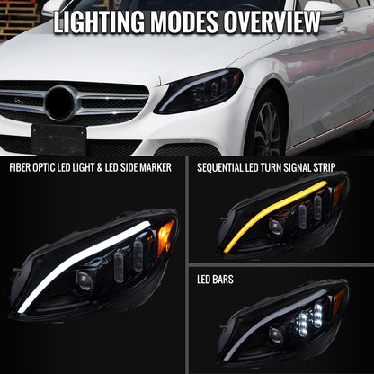 Ronnin - Fits 2015-2018 Mercedes-Benz C-Class W205 Upgraded Full LED Halogen Projector Headlights Switchback Sequential Turn Signals Assembly Pair | Black Smoke