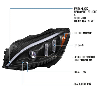 Ronnin - Fits 2015-2018 Mercedes-Benz C-Class W205 Upgraded Full LED Halogen Projector Headlights Switchback Sequential Turn Signals Assembly Pair | Black