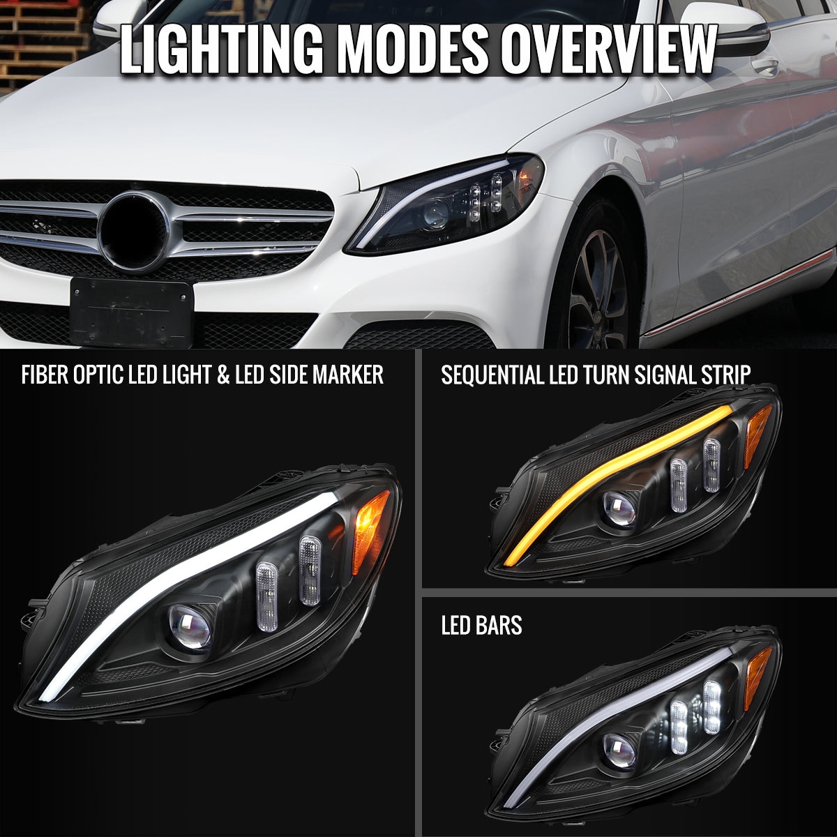 Ronnin - Fits 2015-2018 Mercedes-Benz C-Class W205 Upgraded Full LED Halogen Projector Headlights Switchback Sequential Turn Signals Assembly Pair | Black