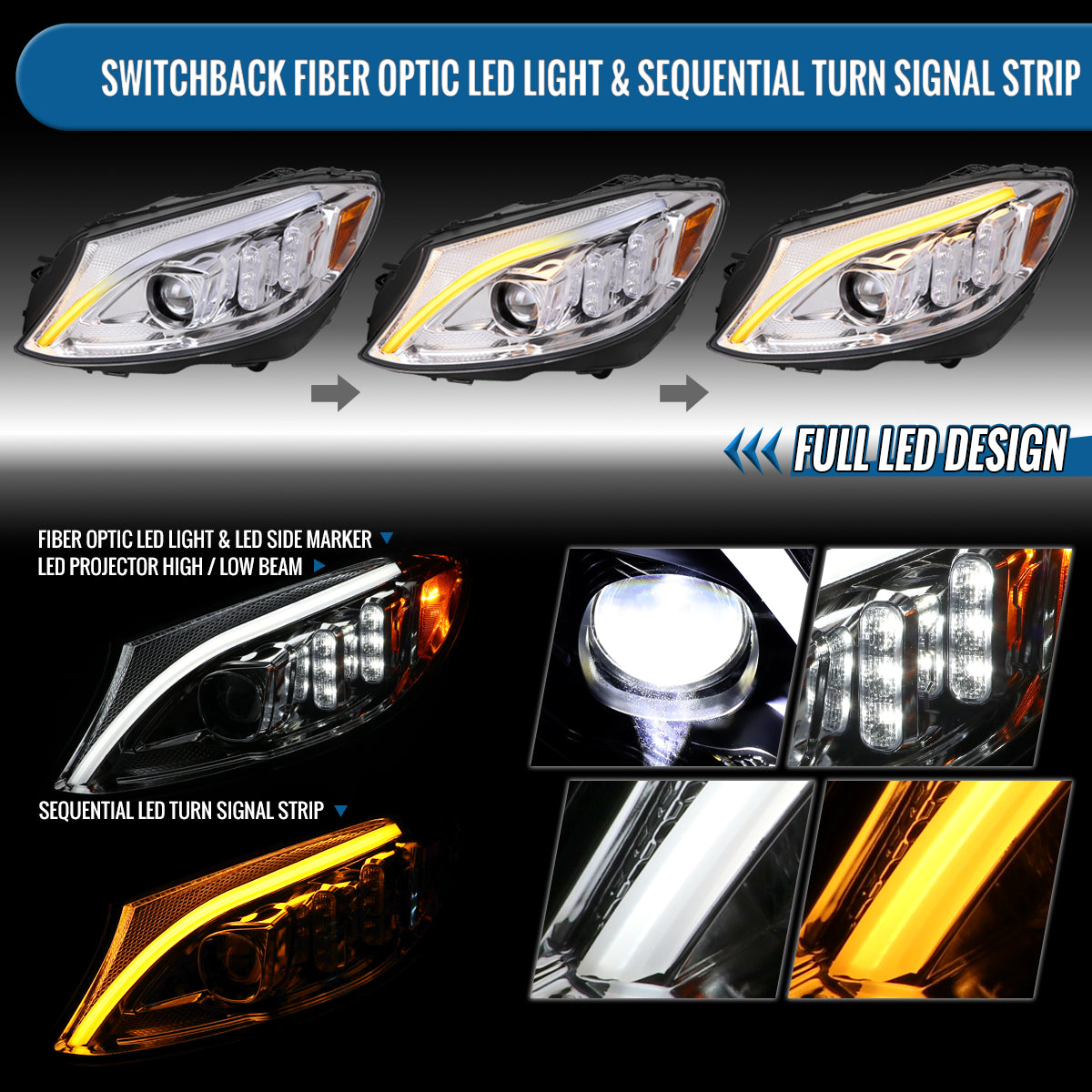 Ronnin - Fits 2015-2018 Mercedes-Benz C-Class W205 Upgraded Full LED Halogen Projector Headlights Switchback Sequential Turn Signals Assembly Pair | Chrome