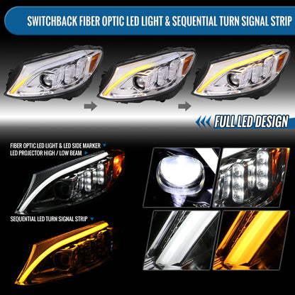 Ronnin - Fits 2015-2018 Mercedes-Benz C-Class W205 Upgraded Full LED Halogen Projector Headlights Switchback Sequential Turn Signals Assembly Pair | Chrome