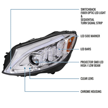 Ronnin - Fits 2015-2018 Mercedes-Benz C-Class W205 Upgraded Full LED Halogen Projector Headlights Switchback Sequential Turn Signals Assembly Pair | Chrome