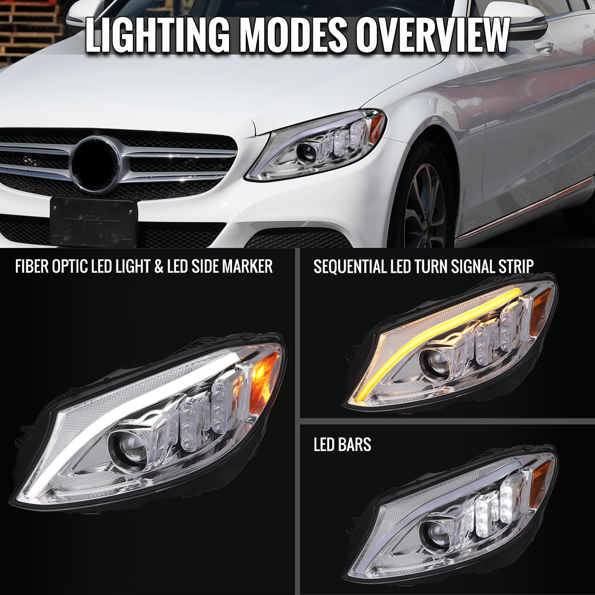 Ronnin - Fits 2015-2018 Mercedes-Benz C-Class W205 Upgraded Full LED Halogen Projector Headlights Switchback Sequential Turn Signals Assembly Pair | Chrome