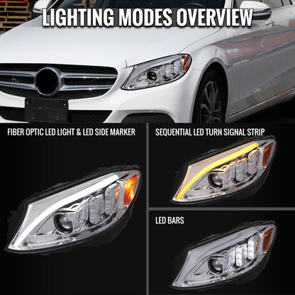 Ronnin - Fits 2015-2018 Mercedes-Benz C-Class W205 Upgraded Full LED Halogen Projector Headlights Switchback Sequential Turn Signals Assembly Pair | Chrome