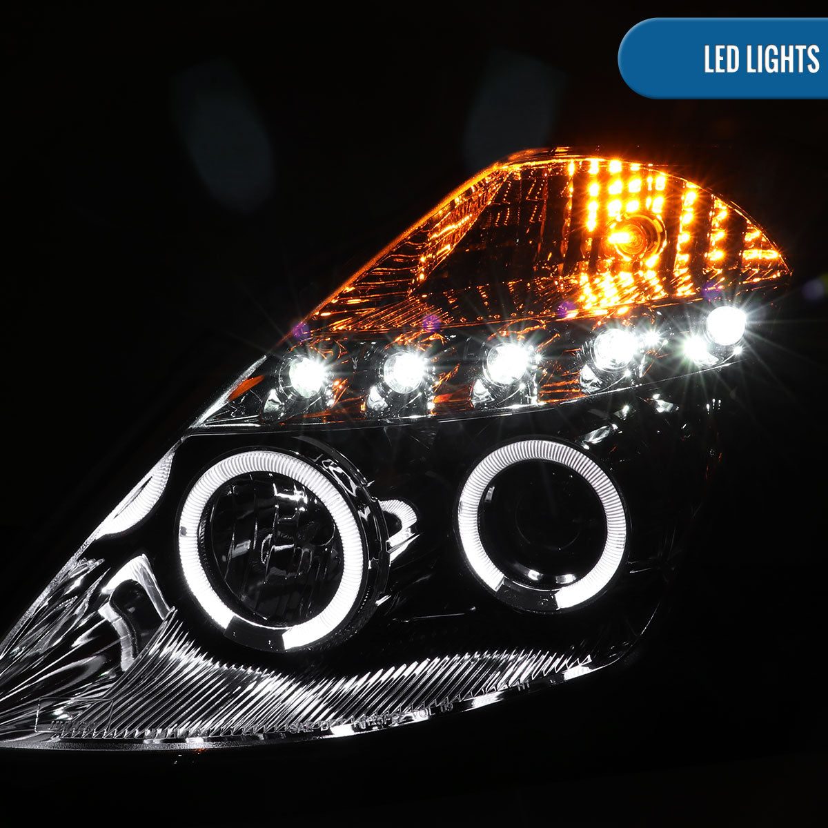 Ronnin - Fits 2003-2005 Nissan 350Z Upgraded Replacement LED Dual Halo Rims Running Lights Halogen Projector Headlights Assembly Pair | Chrome