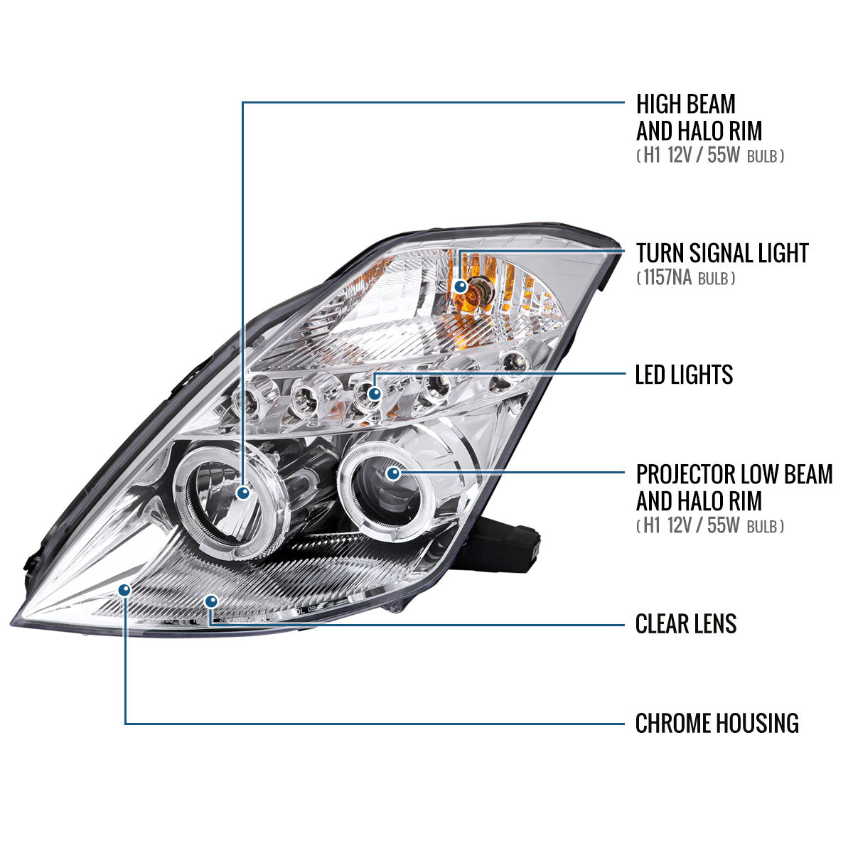 Ronnin - Fits 2003-2005 Nissan 350Z Upgraded Replacement LED Dual Halo Rims Running Lights Halogen Projector Headlights Assembly Pair | Chrome