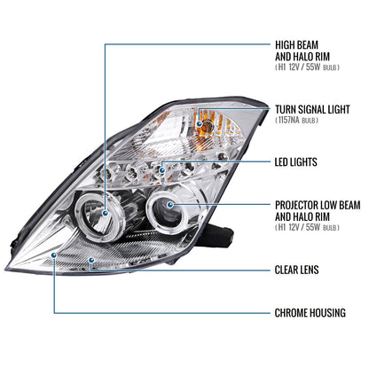 Ronnin - Fits 2003-2005 Nissan 350Z Upgraded Replacement LED Dual Halo Rims Running Lights Halogen Projector Headlights Assembly Pair | Chrome