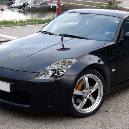 Ronnin - Fits 2003-2005 Nissan 350Z Upgraded Replacement LED Dual Halo Rims Running Lights Halogen Projector Headlights Assembly Pair | Chrome