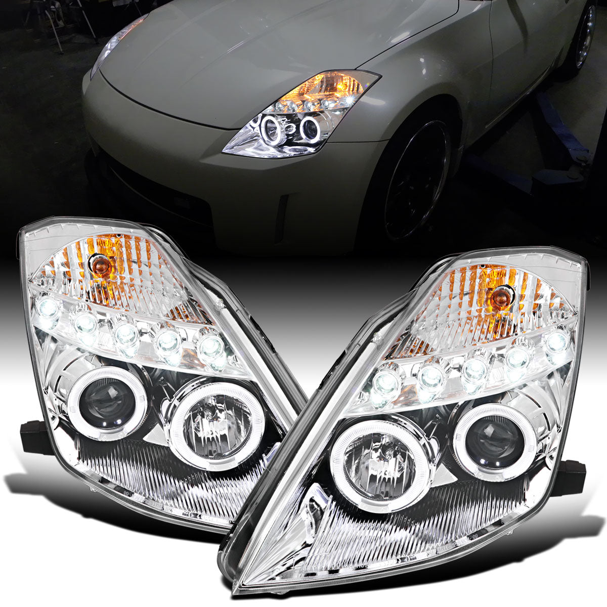 Ronnin - Fits 2003-2005 Nissan 350Z Upgraded Replacement LED Dual Halo Rims Running Lights Halogen Projector Headlights Assembly Pair | Chrome
