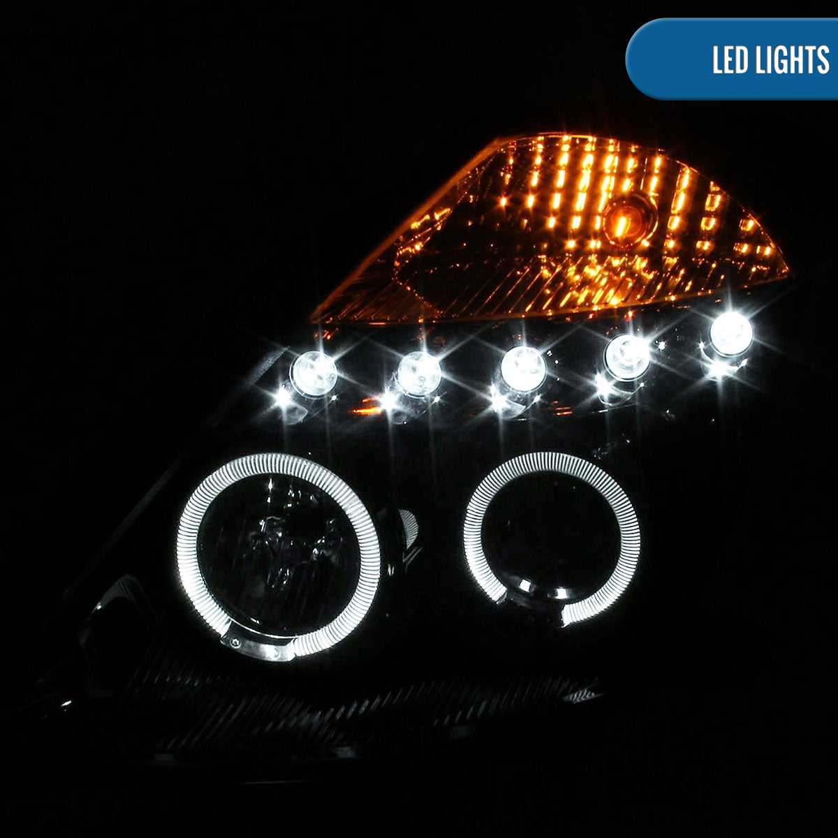 Ronnin - Fits 2003-2005 Nissan 350Z Upgraded Replacement LED Dual Halo Rims Running Lights Halogen Projector Headlights Assembly Pair | Black Smoke