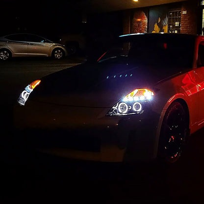 Ronnin - Fits 2003-2005 Nissan 350Z Upgraded Replacement LED Dual Halo Rims Running Lights Halogen Projector Headlights Assembly Pair | Black Smoke