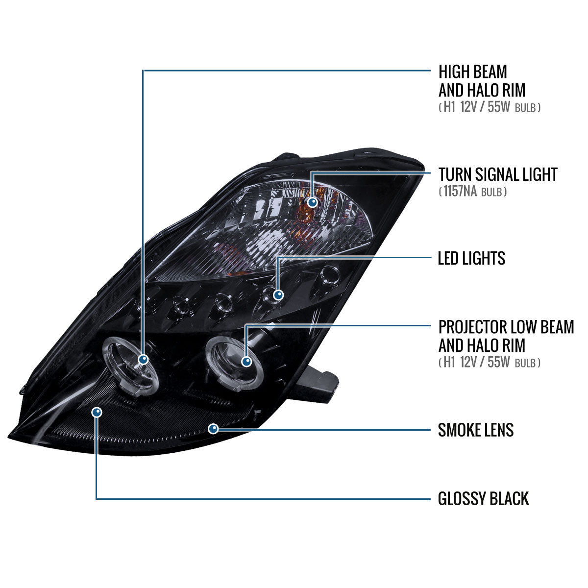 Ronnin - Fits 2003-2005 Nissan 350Z Upgraded Replacement LED Dual Halo Rims Running Lights Halogen Projector Headlights Assembly Pair | Black Smoke