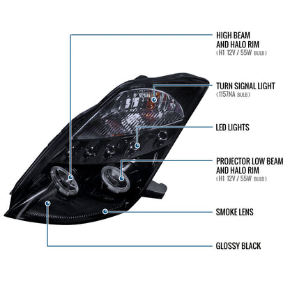 Ronnin - Fits 2003-2005 Nissan 350Z Upgraded Replacement LED Dual Halo Rims Running Lights Halogen Projector Headlights Assembly Pair | Black Smoke
