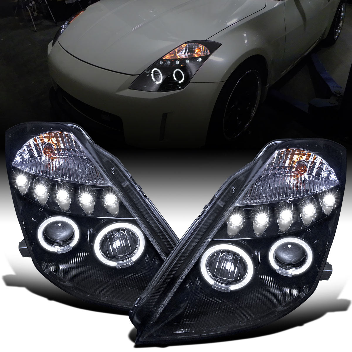 Ronnin - Fits 2003-2005 Nissan 350Z Upgraded Replacement LED Dual Halo Rims Running Lights Halogen Projector Headlights Assembly Pair | Black Smoke