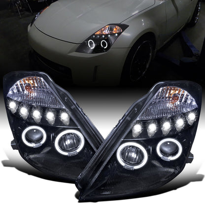 Ronnin - Fits 2003-2005 Nissan 350Z Upgraded Replacement LED Dual Halo Rims Running Lights Halogen Projector Headlights Assembly Pair | Black Smoke