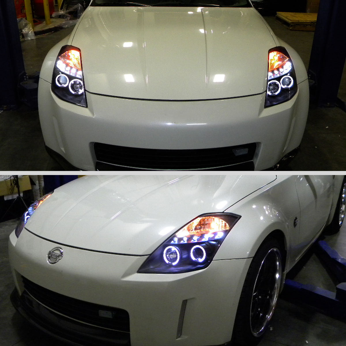 Ronnin - Fits 2003-2005 Nissan 350Z Upgraded Replacement LED Dual Halo Rims Running Lights Halogen Projector Headlights Assembly Pair | Black