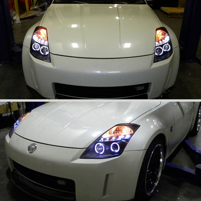 Ronnin - Fits 2003-2005 Nissan 350Z Upgraded Replacement LED Dual Halo Rims Running Lights Halogen Projector Headlights Assembly Pair | Black