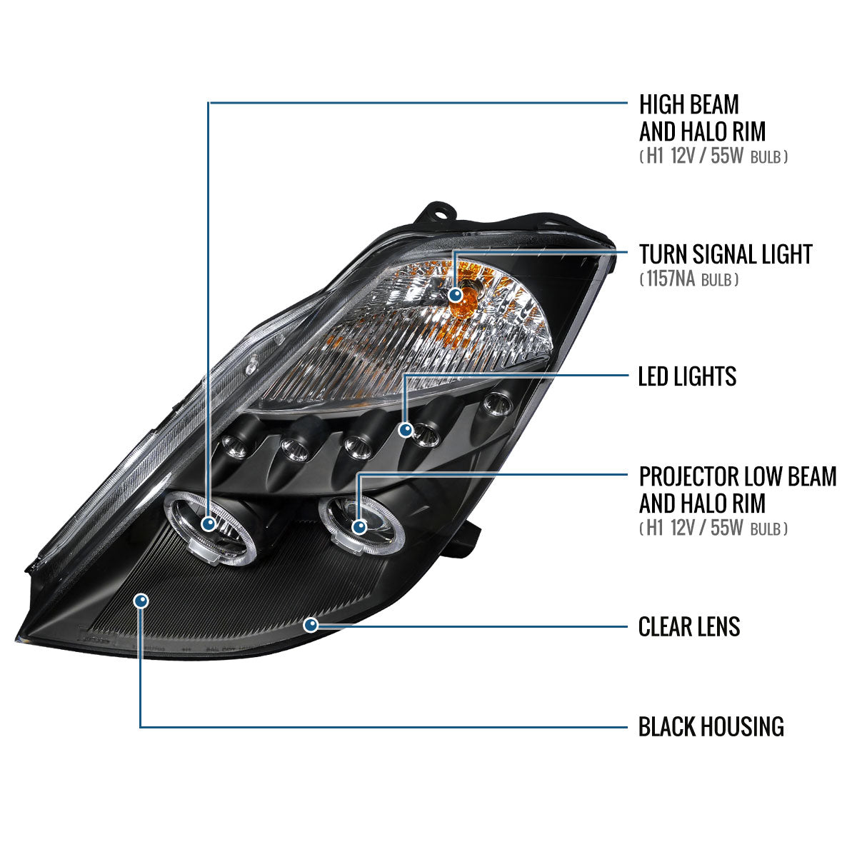 Ronnin - Fits 2003-2005 Nissan 350Z Upgraded Replacement LED Dual Halo Rims Running Lights Halogen Projector Headlights Assembly Pair | Black
