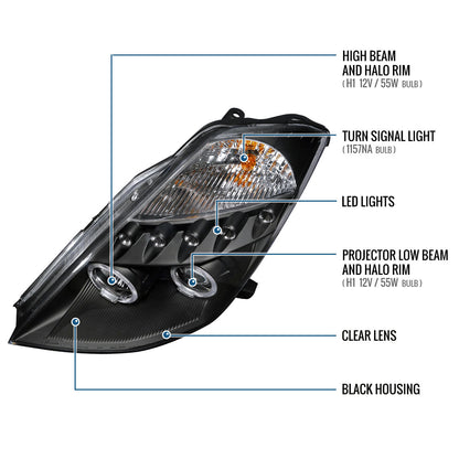 Ronnin - Fits 2003-2005 Nissan 350Z Upgraded Replacement LED Dual Halo Rims Running Lights Halogen Projector Headlights Assembly Pair | Black