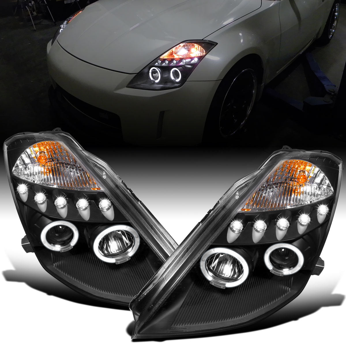 Ronnin - Fits 2003-2005 Nissan 350Z Upgraded Replacement LED Dual Halo Rims Running Lights Halogen Projector Headlights Assembly Pair | Black