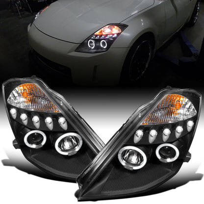 Ronnin - Fits 2003-2005 Nissan 350Z Upgraded Replacement LED Dual Halo Rims Running Lights Halogen Projector Headlights Assembly Pair | Black