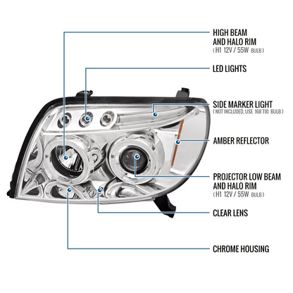 Ronnin - Faros delanteros con proyector LED de doble aro mejorados para Toyota 4Runner 2003-2005, par | Cromo