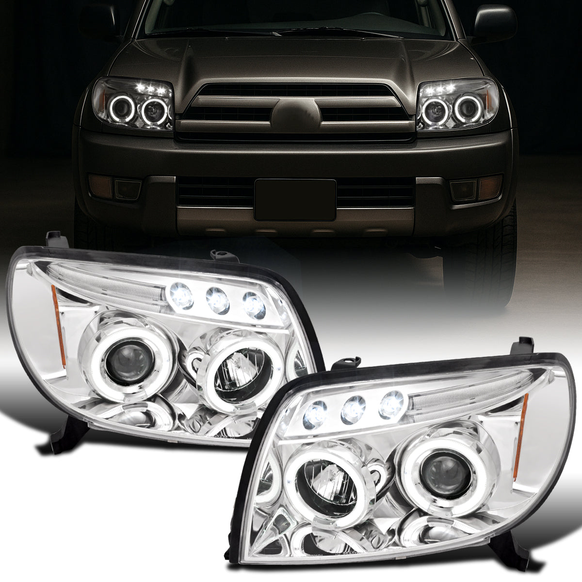 Ronnin - Faros delanteros con proyector LED de doble aro mejorados para Toyota 4Runner 2003-2005, par | Cromo