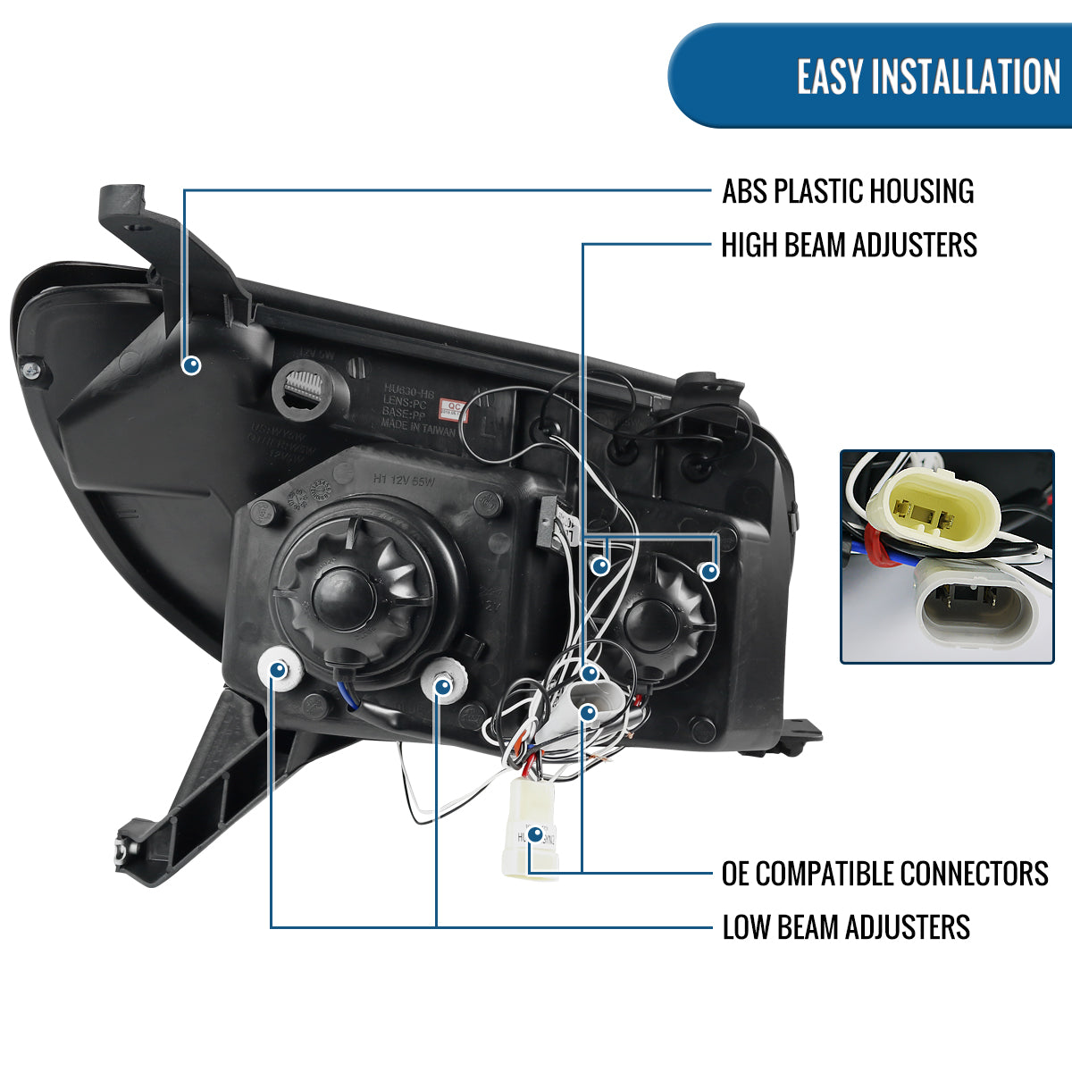Ronnin - Faros delanteros con proyector LED de doble aro y montaje mejorado para Toyota 4Runner 2003-2005, par | Negro brillante