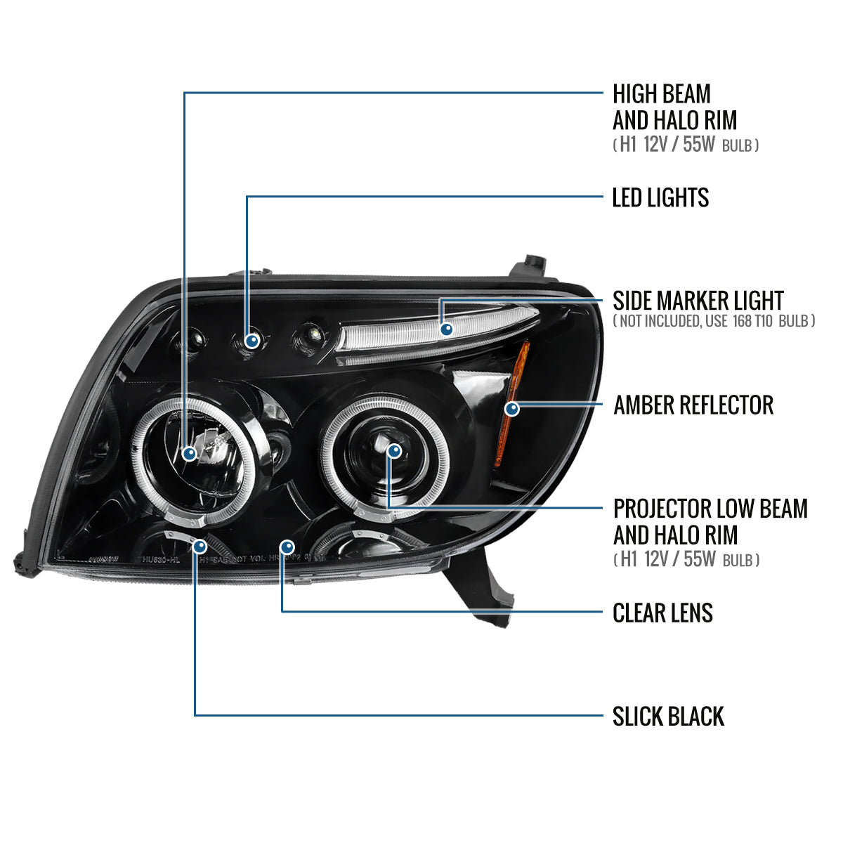 Ronnin - Faros delanteros con proyector LED de doble aro y montaje mejorado para Toyota 4Runner 2003-2005, par | Negro brillante