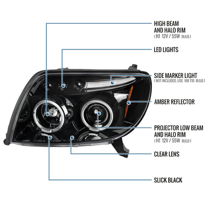 Ronnin - Faros delanteros con proyector LED de doble aro y montaje mejorado para Toyota 4Runner 2003-2005, par | Negro brillante