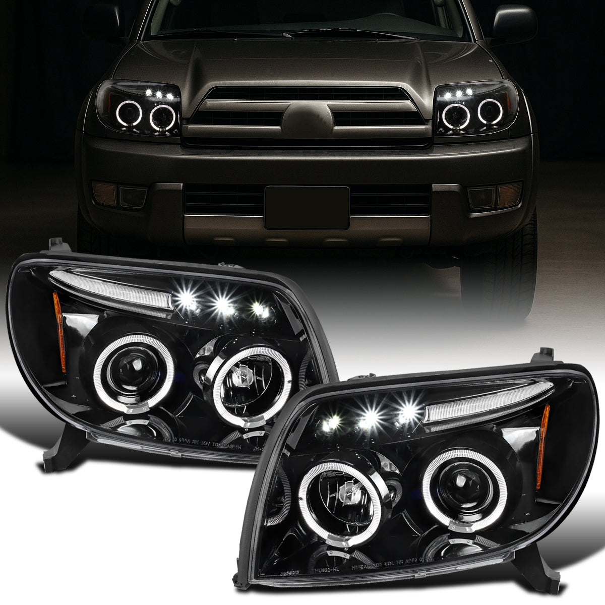 Ronnin - Faros delanteros con proyector LED de doble aro y montaje mejorado para Toyota 4Runner 2003-2005, par | Negro brillante