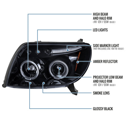 Ronnin - Faros delanteros con proyector LED de doble aro y montaje mejorado para Toyota 4Runner 2003-2005 | Par ahumado negro