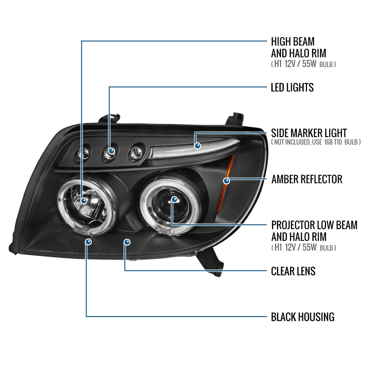 Ronnin - Faros delanteros con proyector LED de doble aro mejorados para Toyota 4Runner 2003-2005 (par) | Negro