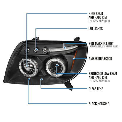 Ronnin - Faros delanteros con proyector LED de doble aro mejorados para Toyota 4Runner 2003-2005 (par) | Negro